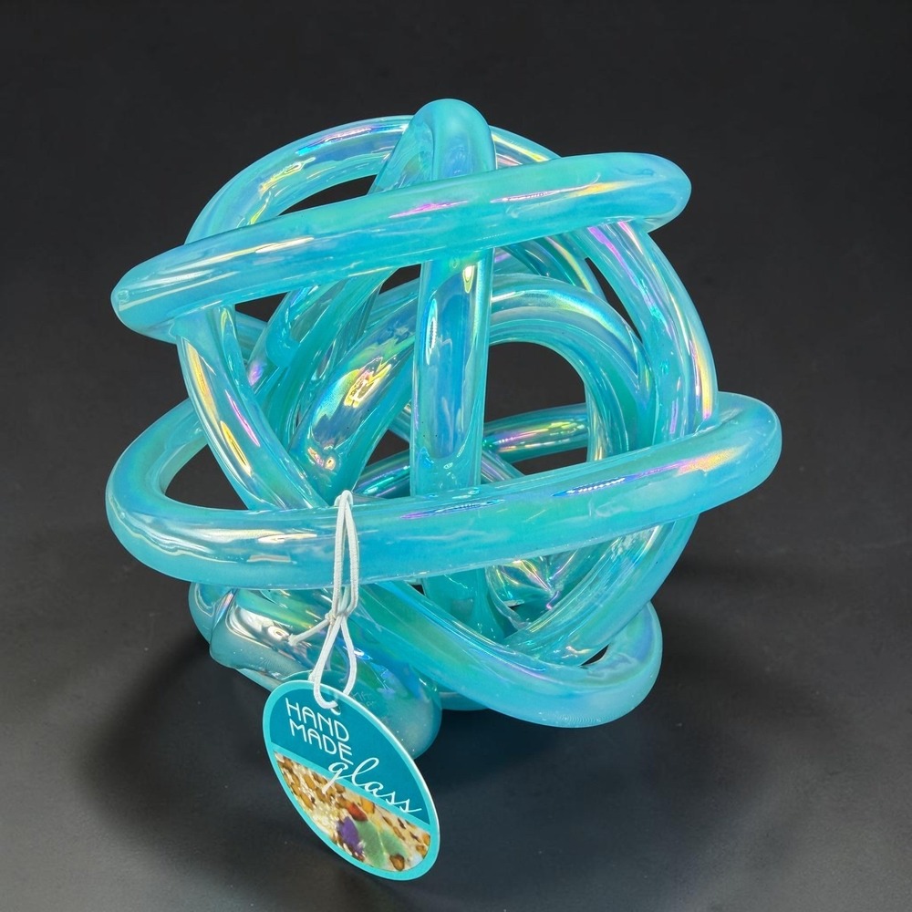 Handmade Glass Infinity Knot Sculpture Friendship Ball Aqua Blue Art Decor 5inch